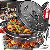 KESSER® Dutch Oven Set BBQ 12 Liter, Feuertopf Schmortopf mit Edelstahluntersetzer, Gusseisen Topf mit Deckelheber Henkel und Schlitz für Themormeter, kochkessel Grilltopf für Oudoor & Indoor